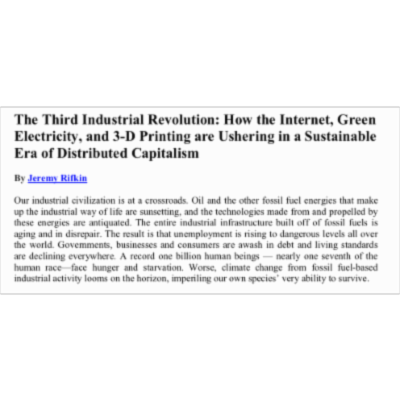The Third Industrial Revolution: How the Internet, Green Electricity, and 3-D Printing are Ushering in a Sustainable Era of Distributed Capitalism icon